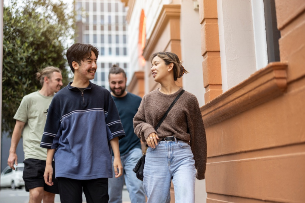 Group of friends walking next to buildings